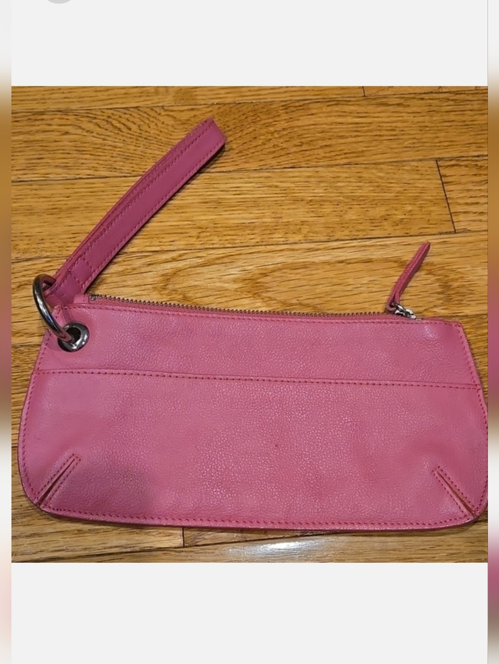 Pink Real Leather Wristlet w Unique Ring Strap, Front Pocket + Zipper Top